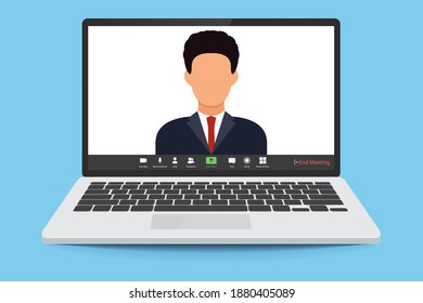 Worker using computer for virtual meeting. The man at the computer. videoconference, remote work. Video conferencing user interface. Video call screen interface template. 