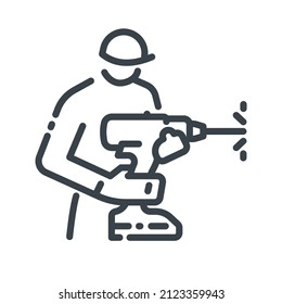 Worker using drill line icon isolated on white transparent background. Symbol of construction industry