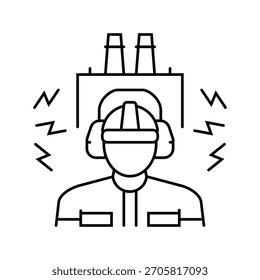 Trabajador que utiliza el Vector ruidoso del icono de la línea de la fábrica de la protección del oído Trabajador que utiliza la muestra ruidosa de la fábrica de la protección del oído