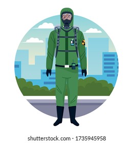 worker using green protection virus suit character vector illustration design