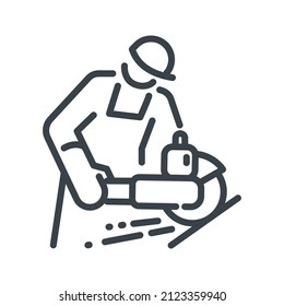 Worker using grinding tool line icon isolated on white transparent background. Symbol of construction industry