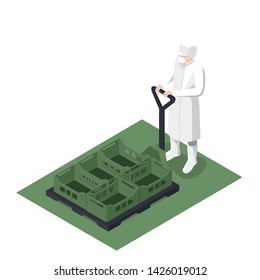 Worker using an isometric manual forklift