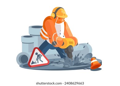 Worker Using Jackhammer, vector illustration. Scene depicts a worker in safety gear operating a jackhammer at a construction site.