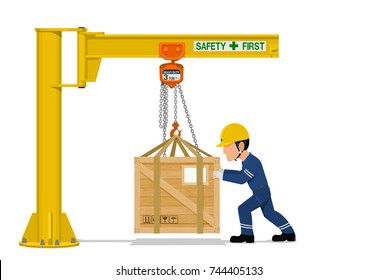 A worker is using the jib crane to handling the heavy wooden container on transparent background
