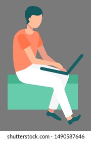 Worker using laptop, person sitting with computer and finding right solution. Businessman character working with wireless device, gadget technology vector