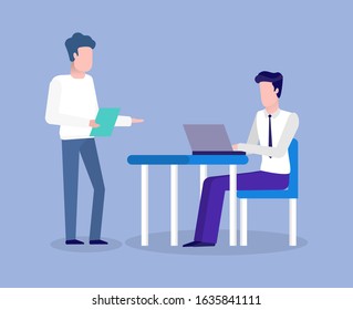 Worker using laptop at table, manager discussing, teamwork communication with computer, portrait view of employee characters working with device vector