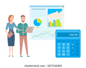 Worker using laptop, teamwork of man and woman, showing diagram on board, growth chart and gragh, counting on calculator, finance strategy vector