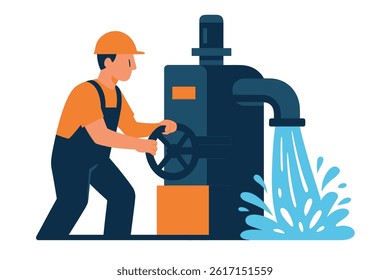 Worker using machinery with moving water in flat vector art style