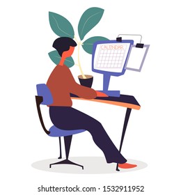 Worker using personal computer vector. Character working from home or office. Freelancer making appointments. Calendar with events on laptop screen. Manager at workplace with plant decoration