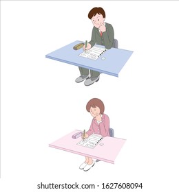 Worker using personal computer vector. Character working on white background.
