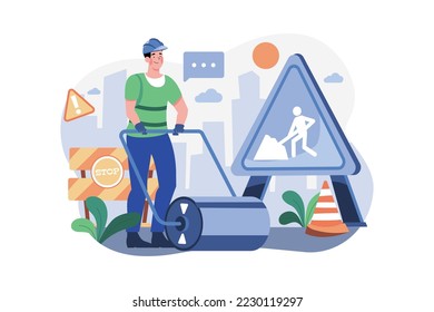 Worker Using Road Roller Makes Paving On Highway Or Street