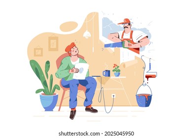 Worker using saw for repairing work at home vector illustration. Owner read newspaper flat style. Renovation, change interior design concept