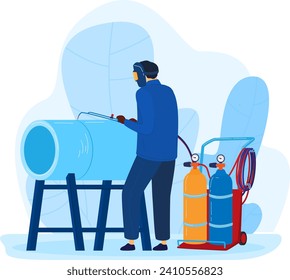 Worker using welding equipment on a large tank. Male welder in safety gear performing maintenance work. Industrial job and safety standards vector illustration.