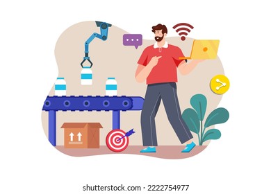 Worker using wifi from laptop controlling conveyor lines of automatic factory
