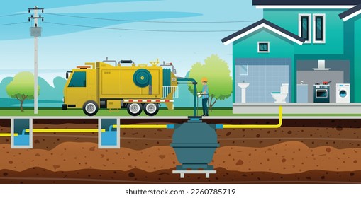 Trabajador aspirando heces y aguas residuales utilizando un camión de bomba de inodoros.