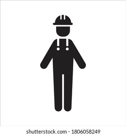 Worker vector icon. Figure in a full-length with helmet and uniform on an isolated background