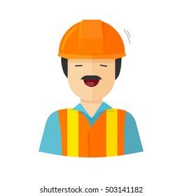 Worker vector illustration isolated on white background, construction builder character in helmet, workman happy face, engineer repairman person flat cartoon style