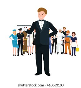 Worker waiter at restaurant isolated. man with tray vector illustration