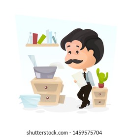 Worker is waiting for printing documentation, leaning on a small cabinet, flat vector illustration, cartoon style