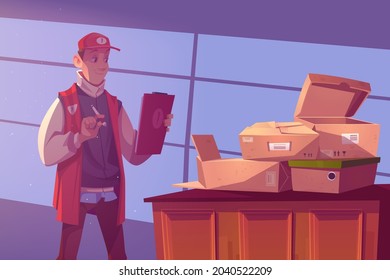 Worker in warehouse controls orders logistic and shipping. Vector cartoon illustration of storage room with man in uniform with clipboard and open cardboard boxes on table