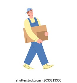 Worker of warehouse or delivery service carry cardboard box. Man in uniform working at storehouse. Flat cartoon vector illustration isolated on white.