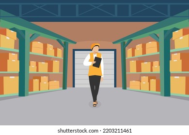 Worker in a warehouse maintains records the cargo 2d flat vector illustration concept for banner, website, illustration, landing page, flyer, etc.