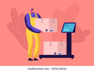 Worker in Warehouse Put Carton Parcel Box on Floor Scales for Weigh. Storehouse and Storage Logistics, Delivery Transportation Service. Freight and Goods Distribution. Cartoon Flat Vector Illustration