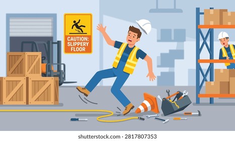 A worker in a warehouse slips on a wet floor near scattered tools and a caution sign, highlighting workplace safety hazards and potential accidents.