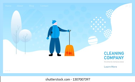 Worker in warm clothes holding spade for snow removal on page of cleaning company website in cartoon flat style