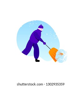 Worker in warm clothes removing snow with spade against piece of blue sky with snowfall in flat style