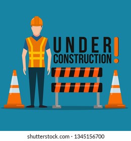 worker with warning board sign and traffic cone for under construction concept vector illustration