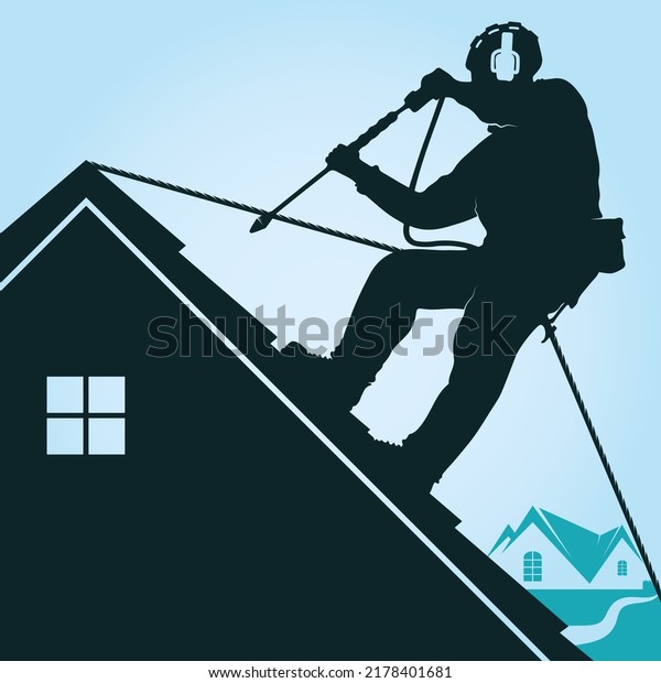 Worker washerman with roof insurance. Washer\
worker washes the roof\
silhouette