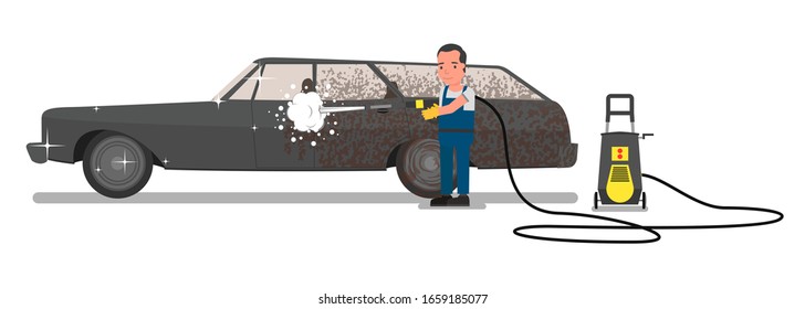 Arbeiter wäscht ein Auto. Vektorillustration einzeln auf weißem Hintergrund.