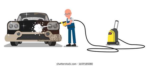 Arbeiter wäscht ein Auto. Vektorillustration einzeln auf weißem Hintergrund.