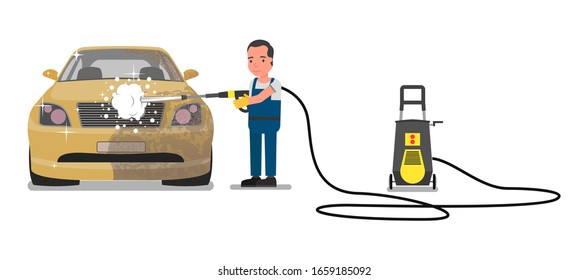 Worker washes a car. Vector illustration isolated on a white background.