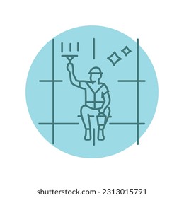 Worker washes the windows of modern skyscraper black line icon. Cleaning company. Pictogram for web page, mobile app, promo.