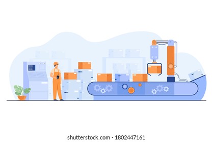 Worker watching conveyor with boxes isolated flat vector illustration. Cartoon man standing in warehouse with automation process. Manufacture and factory concept