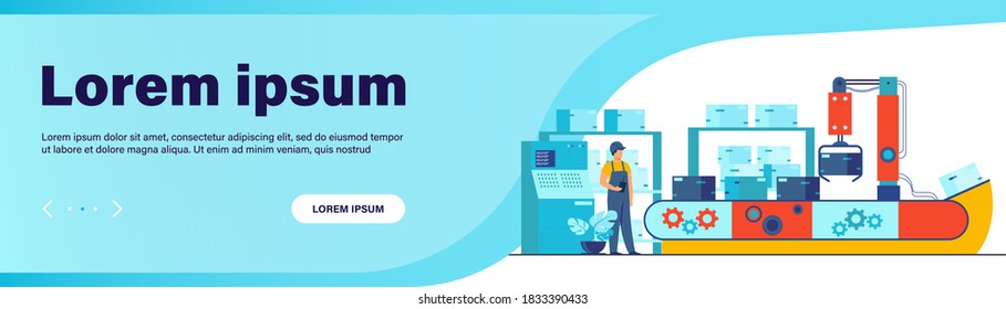 Worker watching conveyor with boxes isolated flat vector illustration. Cartoon man standing in warehouse with automation process. Manufacture and factory concept
