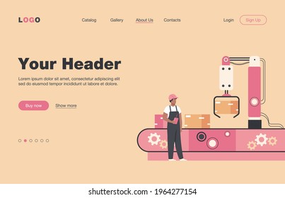 Worker watching conveyor with boxes isolated flat vector illustration. Cartoon man standing in warehouse with automation process. Manufacture and factory concept