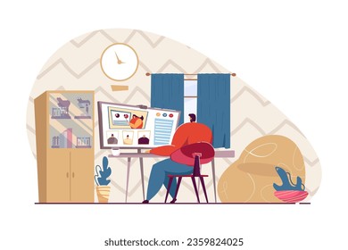 Worker watching videoconference from home vector illustration. Cartoon drawing of man working in comfortable home office setup. Home office, ergonomics, remote work, online communication concept