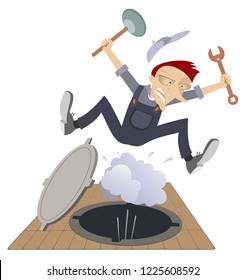 Worker, water and steam gushing from the sewer manhole illustration. Frightened worker with spanner and plunger is tossed up by water and steam gushing from the sewer manhole isolated on white
