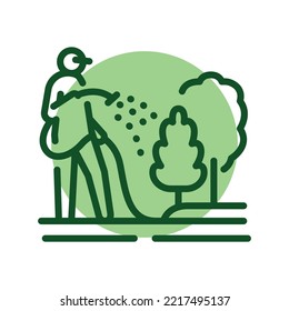 Worker waters trees color line icon. Garden service. Editable stroke.