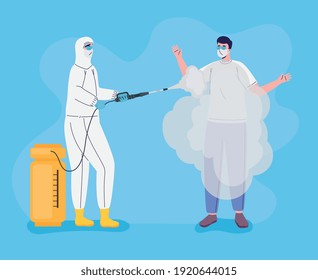 trabajador con traje de seguridad biológica desinfectando el diseño de ilustración vectorial de persona