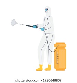 trabajador con traje de seguridad biológica desinfectando el diseño de ilustración vectorial de caracteres