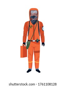 worker wearing biosafety suit orange vector illustration design