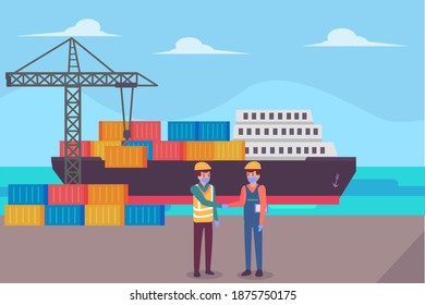 Worker wearing face mask and handshaking together with container ship background at the port