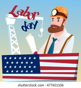 Worker Wearing Hard Hat, Builder Industrial Background, American Labor Day USA Holiday Flat Vector Illustration