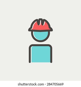 Worker wearing hard hat icon thin line for web and mobile, modern minimalistic flat design. Vector icon with dark grey outline and offset colour on light grey background.