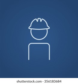 Arbeiter, die ein hartes Hutliniensymbol für Web-, Mobil- und Infografiken tragen. Vektorhellblaue Symbol einzeln auf blauem Hintergrund.