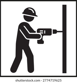 Worker wearing hard hat operating power drill against wall in side profile construction safety icon
